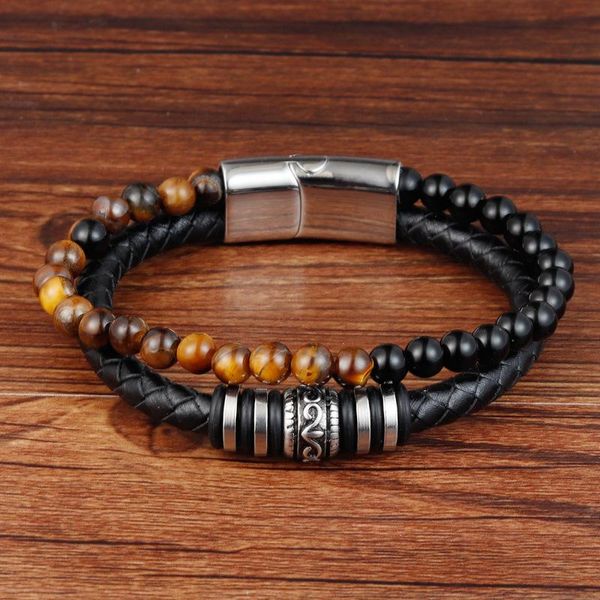 natural stone tiger's eye leather bracelet bead double-row men's magnet button link, chain, Black
natural stone tiger's eye leather bracelet bead double-row men's magnet button link, chain, Black