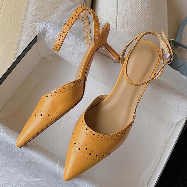 sandals women's genuine leather thin high heel pointed toe ankle strap elegant ladies carving biritsh style evening dress shoes, Black 
sandals women's genuine leather thin high heel pointed toe ankle strap elegant ladies carving biritsh style evening dress shoes, Black