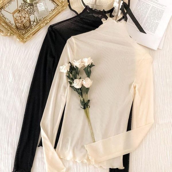 women's blouses & shirts 4 colors mesh shirt female turtleneck long sleeve woman 2021 autumn korean fashion clothing, White 
women's blouses & shirts 4 colors mesh shirt female turtleneck long sleeve woman 2021 autumn korean fashion clothing, White