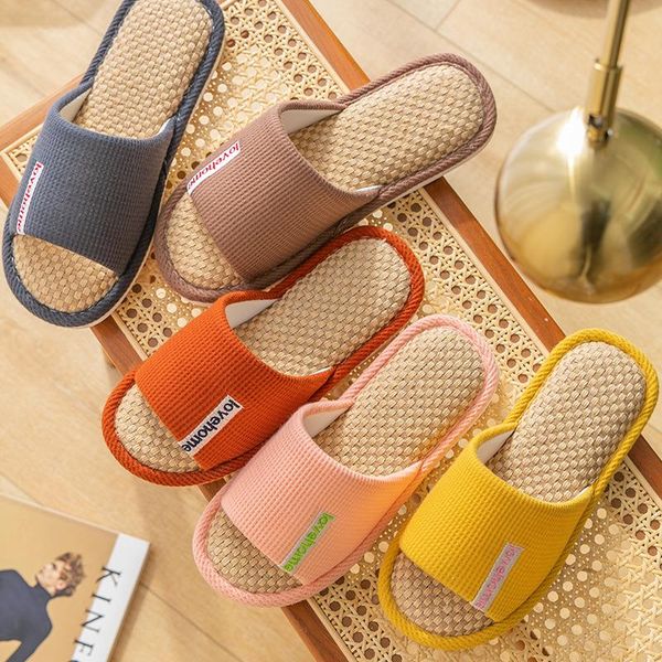 slippers summer comfortable indoor letter embroidery home breathable linen floor non-slip women, Black