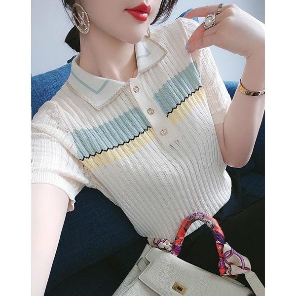 women's t-shirt 2021 summer short sleeve knitted gold contrast color collar slimming, White
women's t-shirt 2021 summer short sleeve knitted gold contrast color collar slimming, White