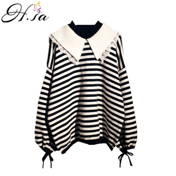 h.sa striped sweater women turn down collar black and white korean lantern sleeve lace up pull jumpers femme 210417, White;black
h.sa striped sweater women turn down collar black and white korean lantern sleeve lace up pull jumpers femme 210417, White;black