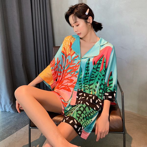 casual ice silk thin pajamas home clothing summer plant printed loose satin sleepwear short sleeve shorts for women indoor outdoor, Blue;gray
casual ice silk thin pajamas home clothing summer plant printed loose satin sleepwear short sleeve shorts for women indoor outdoor, Blue;gray