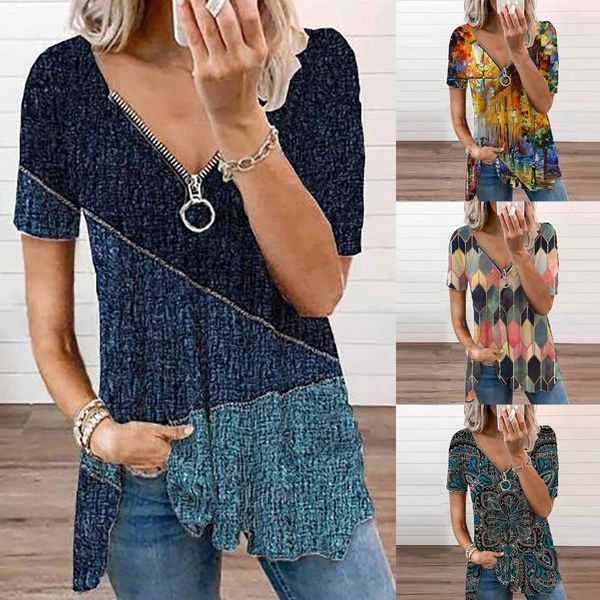 summer women's t-shirt zipper v-neck short sleeve patchwork y2k harajuku fashion casual bohemian tee for ladies streetwear, White
summer women's t-shirt zipper v-neck short sleeve patchwork y2k harajuku fashion casual bohemian tee for ladies streetwear, White