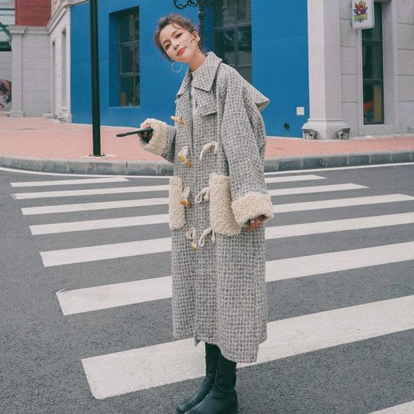 women's wool & blends lambs cattle horn button plaid coat middle long tussilago 2021 knee student, Black
women's wool & blends lambs cattle horn button plaid coat middle long tussilago 2021 knee student, Black