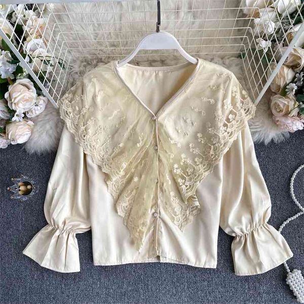 women french retro blouse court style v-neck mesh lace ruffles gentle wind lantern sleeve autumn shirt blusa gk494 210507, White
women french retro blouse court style v-neck mesh lace ruffles gentle wind lantern sleeve autumn shirt blusa gk494 210507, White