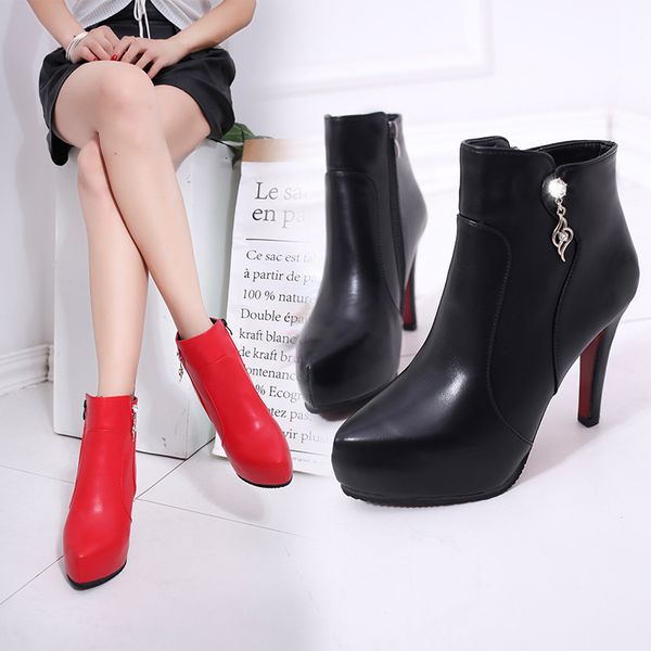 thin high heels short large size side zipper women's boots autumn and winter pointed waterproof platform, Black 
thin high heels short large size side zipper women's boots autumn and winter pointed waterproof platform, Black