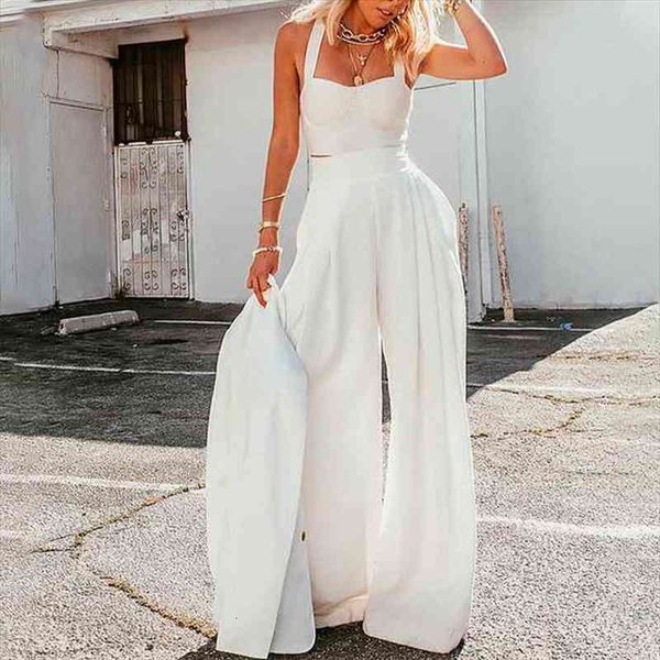 women solid suits sleeveless cropped high waist wide leg straight pants 2 piece set loose casual elegant female summer, White
women solid suits sleeveless cropped high waist wide leg straight pants 2 piece set loose casual elegant female summer, White