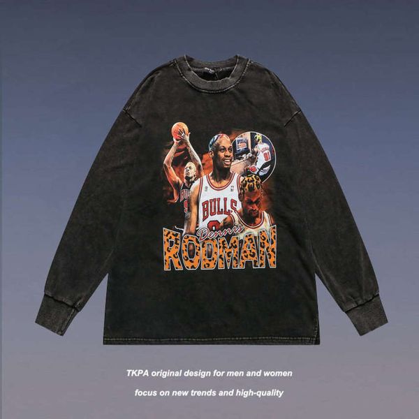 Tkpa American style Rodman figure print men's and women's high street wash used sports long sleeved sweater, Black
Tkpa American style Rodman figure print men's and women's high street wash used sports long sleeved sweater, Black