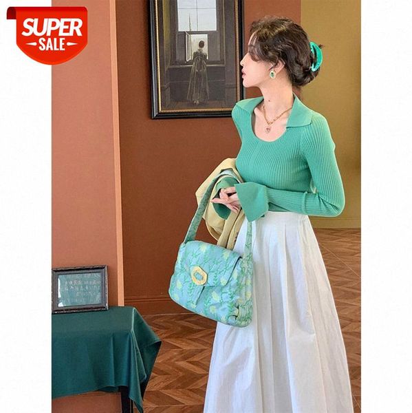 french retro female design sense lapel flared sleeve slim knit sweater with low round neck #dm9w, White
french retro female design sense lapel flared sleeve slim knit sweater with low round neck #dm9w, White