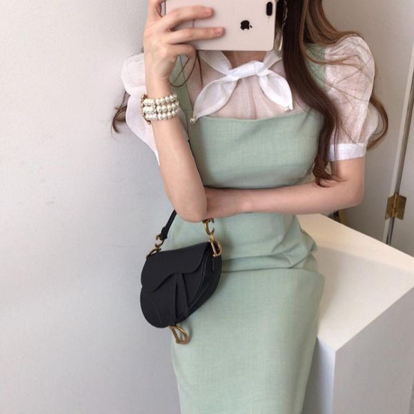 casual dresses korean chic fashion bow collar puff sleeve micro-transparent shirt + green slim bodycon spaghetti strap dress two piece set, Black;gray
casual dresses korean chic fashion bow collar puff sleeve micro-transparent shirt + green slim bodycon spaghetti strap dress two piece set, Black;gray