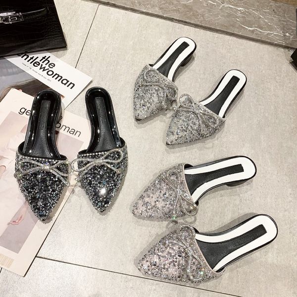 half slippers women wear autumn rhinestone sandals bow knot pointed thick heel women's shoes, Black
half slippers women wear autumn rhinestone sandals bow knot pointed thick heel women's shoes, Black