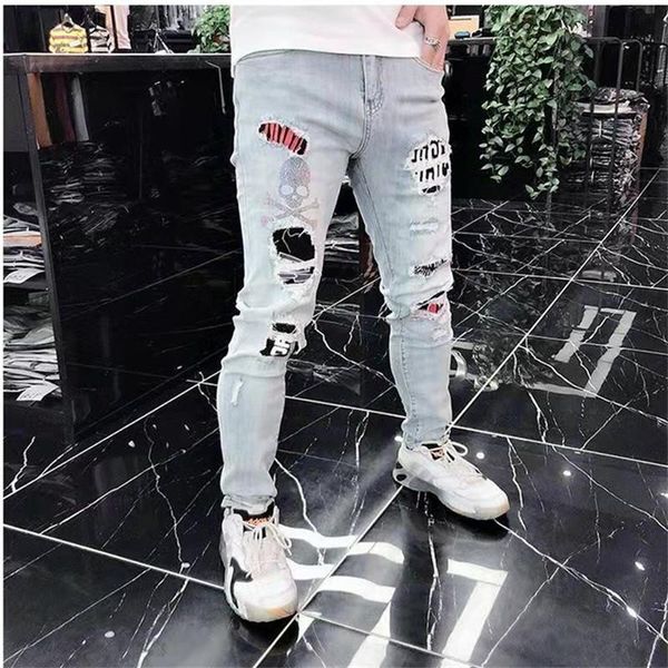 men's jeans 2021fashion men denim punk pants ripped patchwork mens stretch slim fit trousers drilling skull street vaqueros hombre, Blue
men's jeans 2021fashion men denim punk pants ripped patchwork mens stretch slim fit trousers drilling skull street vaqueros hombre, Blue