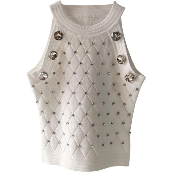 women's blouses & shirts heavy industry summer shiny rhinestones jacquard sleeveless knitted shirt women halter neck slim, White
women's blouses & shirts heavy industry summer shiny rhinestones jacquard sleeveless knitted shirt women halter neck slim, White