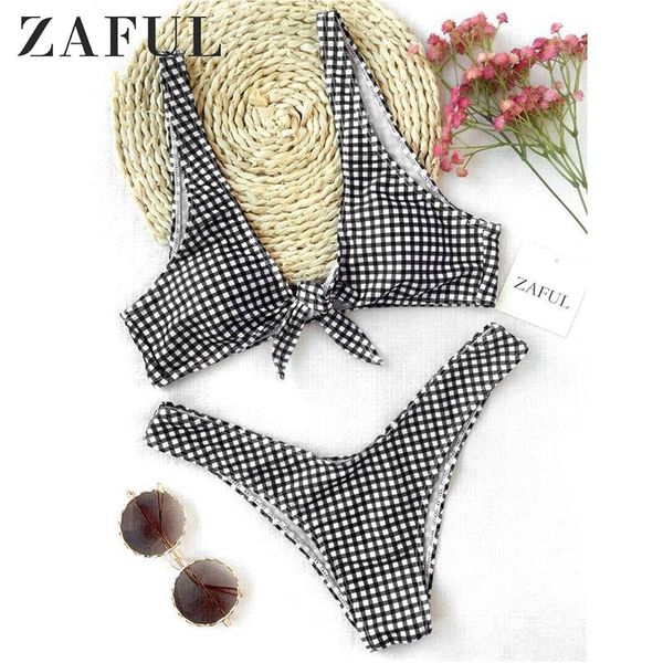 

bikini 2021 women thong plaid front tie set mid waisted plunging neck swimsuit summer beach swimwear women's, White;black