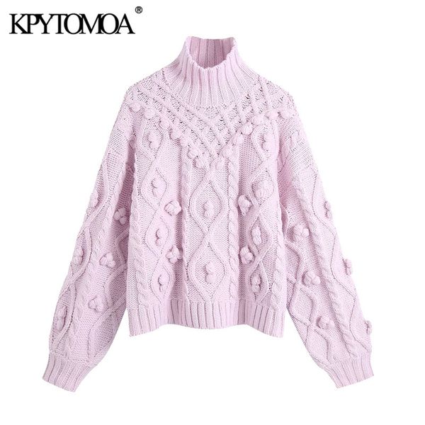 women fashion with pompoms loose knitted sweater vintage high neck long sleeve female pullovers chic 210416, White;black
women fashion with pompoms loose knitted sweater vintage high neck long sleeve female pullovers chic 210416, White;black