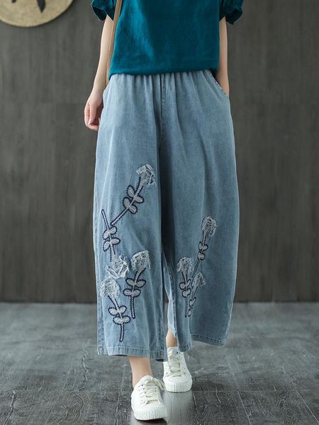 women's pants & capris tencel embroidered denim wide leg summer retro loose artistic elastic waist capri pant, Black;white
women's pants & capris tencel embroidered denim wide leg summer retro loose artistic elastic waist capri pant, Black;white