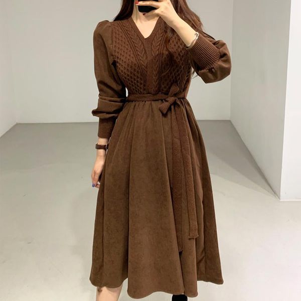 korean chic twist knitted patchwork dresses women autumn winter v-neck puff sleeve drawstring slim waist vintage dress vestidos casual, Black;gray
korean chic twist knitted patchwork dresses women autumn winter v-neck puff sleeve drawstring slim waist vintage dress vestidos casual, Black;gray