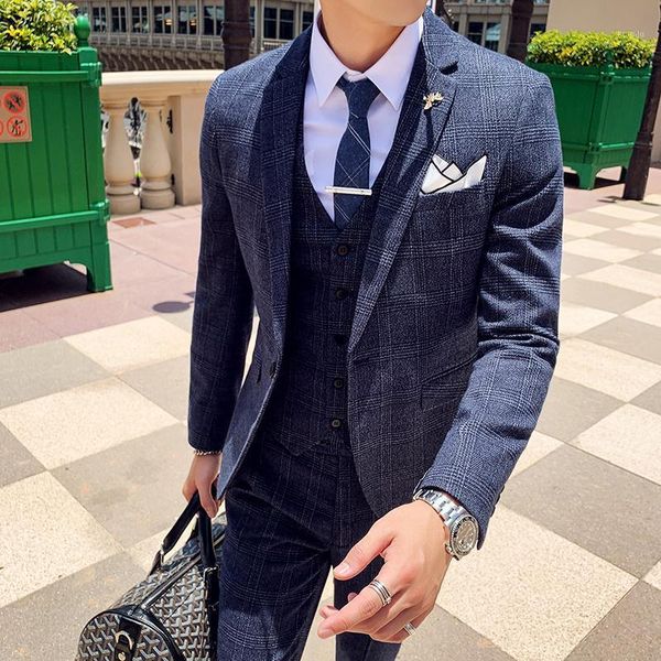 men's suits & blazers wedding dress man 3 pieces slim fit jackets+pants+vest blue plaid male formal wear, White;black
men's suits & blazers wedding dress man 3 pieces slim fit jackets+pants+vest blue plaid male formal wear, White;black