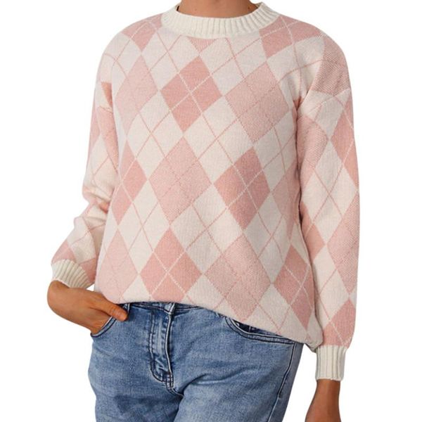 women's sweaters women\u2021s casual long sleeve loose sweater fashion rhombic plaid round neck basic pullover knitwear, White;black
women's sweaters women\u2021s casual long sleeve loose sweater fashion rhombic plaid round neck basic pullover knitwear, White;black