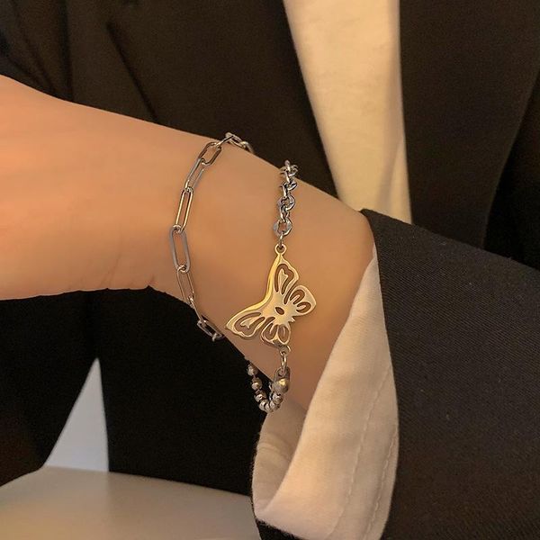 link, chain 2021 silver color double layers hollow butterfly pendant bracelet fashion vintage couple bracelets for women jewelry, Black
link, chain 2021 silver color double layers hollow butterfly pendant bracelet fashion vintage couple bracelets for women jewelry, Black