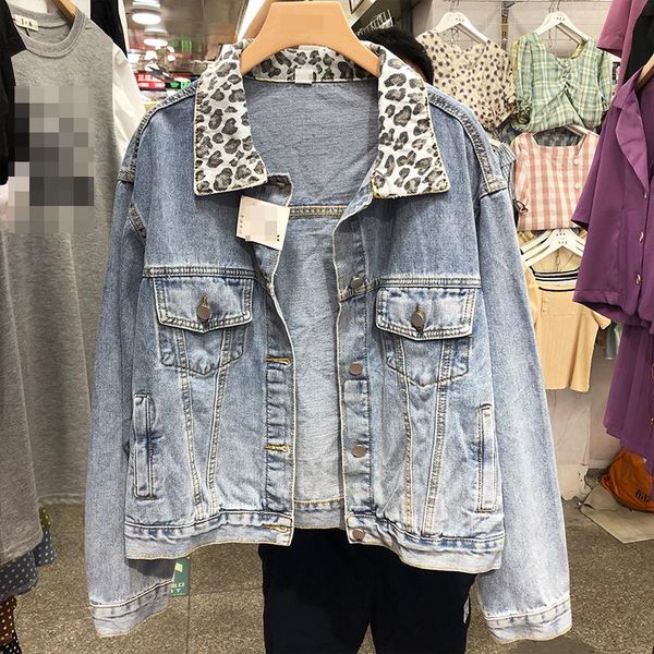 women's jackets 2021 autumn fashion denim stitching leopard collar loose student jacket women blue jeans coat female long sleeve coats, Black;brown
women's jackets 2021 autumn fashion denim stitching leopard collar loose student jacket women blue jeans coat female long sleeve coats, Black;brown