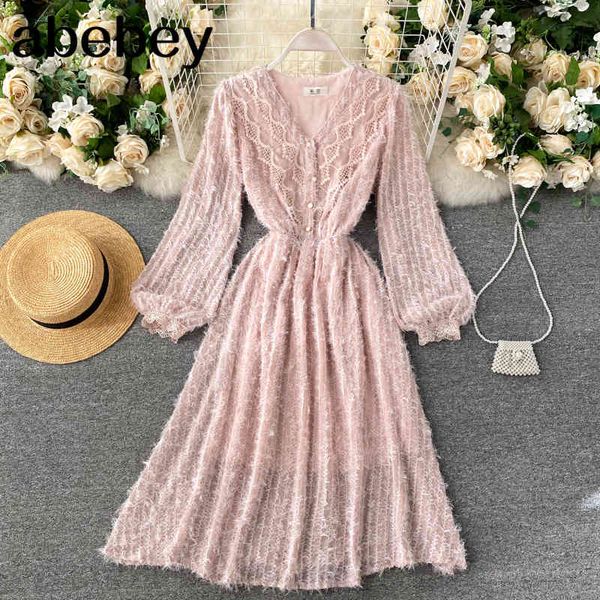 french sweet chic dress women lace v neck puff sleeve solid a-line autumn design fashion streetwear midi es 210512, Black;gray
french sweet chic dress women lace v neck puff sleeve solid a-line autumn design fashion streetwear midi es 210512, Black;gray