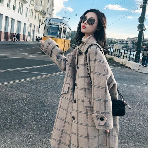 women's wool & blends plaid retro woolen coat mid-length korean version 2021 autumn winter students thickened printed for women, Black
women's wool & blends plaid retro woolen coat mid-length korean version 2021 autumn winter students thickened printed for women, Black