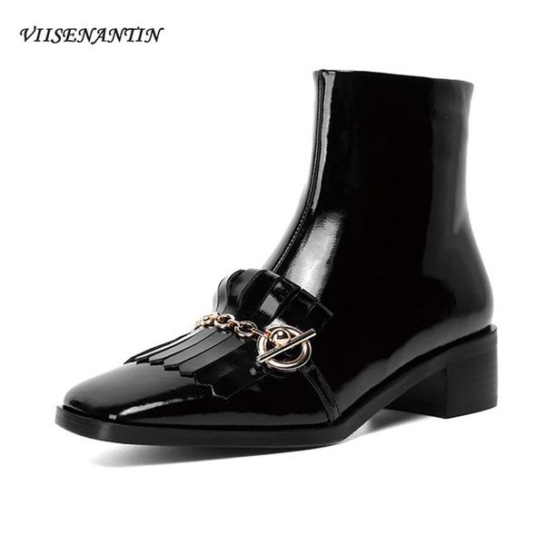 boots retro square toe side zipper short tassel chain decoration british thick heel mid-heel bright leather women's, Black
boots retro square toe side zipper short tassel chain decoration british thick heel mid-heel bright leather women's, Black