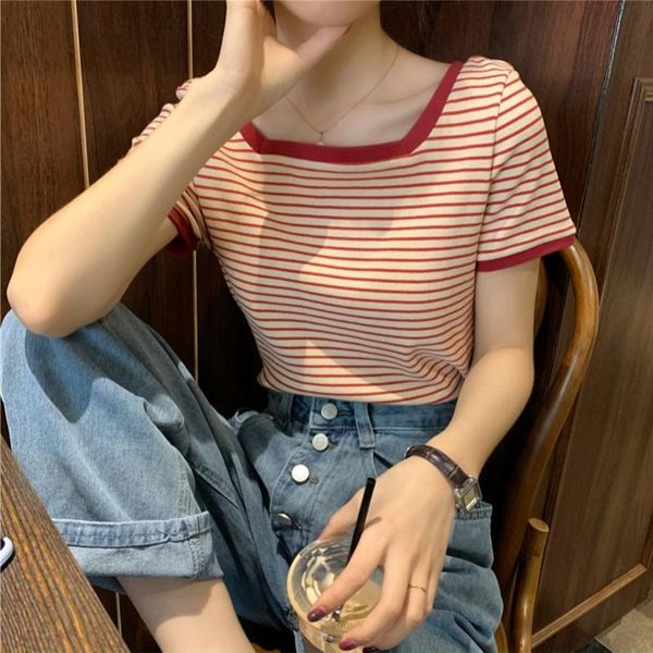 women's t-shirt summer 2021 cotton short-sleeved striped square collar slim slimming short bottoming fashion shirt, White
women's t-shirt summer 2021 cotton short-sleeved striped square collar slim slimming short bottoming fashion shirt, White
