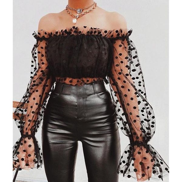 women sheer see-through long sleeve blouse polka dot off shoulder casual clubwear women's blouses & shirts, White
women sheer see-through long sleeve blouse polka dot off shoulder casual clubwear women's blouses & shirts, White