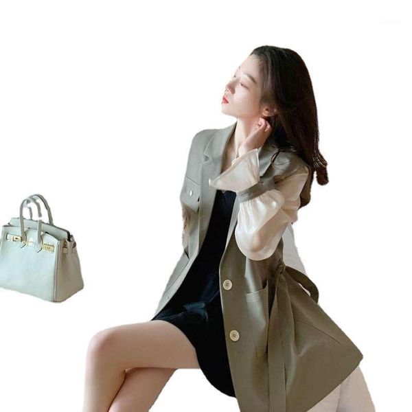 women's trench coats korean suit autumn medium and long waist, foreign style trumpet sleeves fake two-piece collar coat, Tan;black
women's trench coats korean suit autumn medium and long waist, foreign style trumpet sleeves fake two-piece collar coat, Tan;black