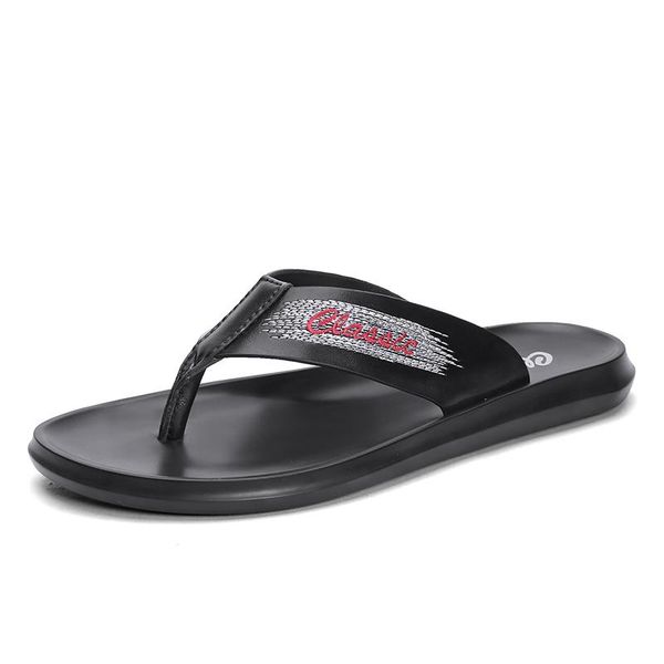 slippers fashion men casual leather flat summer outdoor comfortable mens flip flop sandals big size, Black