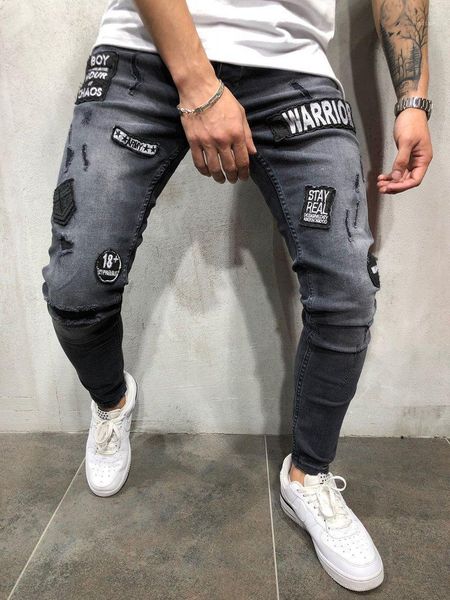 denim men's skinny jeans black ripped badge patch small feet pants, Blue
denim men's skinny jeans black ripped badge patch small feet pants, Blue