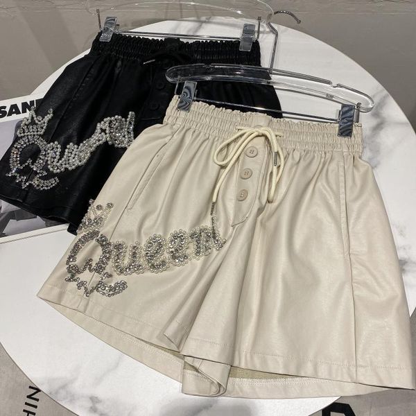 women's shorts rhinestone letters beaded pu leather women elastic waist biker high street 2021 autumn winter, White;black
women's shorts rhinestone letters beaded pu leather women elastic waist biker high street 2021 autumn winter, White;black