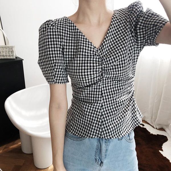 women's blouses & shirts fashion v-neck puff sleeve grid summer women elegant slim waist female short ladies blusas y camisas, White
women's blouses & shirts fashion v-neck puff sleeve grid summer women elegant slim waist female short ladies blusas y camisas, White