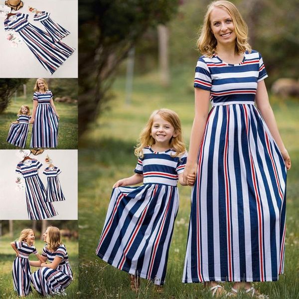 family matching outfits 2021 summer clothing high waist round neck short sleeve striped stitching long dress, Blue
family matching outfits 2021 summer clothing high waist round neck short sleeve striped stitching long dress, Blue