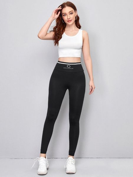slogan graphic wide waistband leggings 28jg#, Black