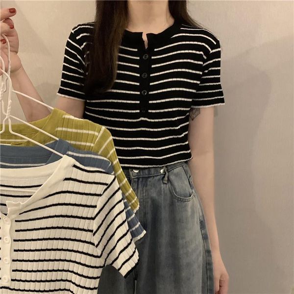 women's t-shirt 2021 summer korean style striped button bottoming outer wear slim knit sweater, White
women's t-shirt 2021 summer korean style striped button bottoming outer wear slim knit sweater, White