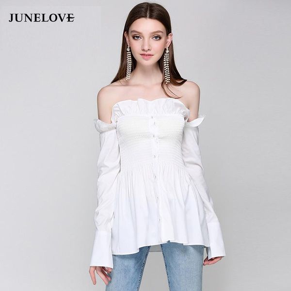 women's blouses & shirts junelove 2021 spring women slash neck blouse solid button full sleeve strapless slim fashion blusas, White
women's blouses & shirts junelove 2021 spring women slash neck blouse solid button full sleeve strapless slim fashion blusas, White