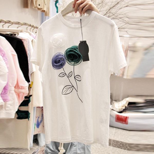 summer all match color contrast three dimensional flower appliques short sleeve o neck t-shirt women's loose, White
summer all match color contrast three dimensional flower appliques short sleeve o neck t-shirt women's loose, White
