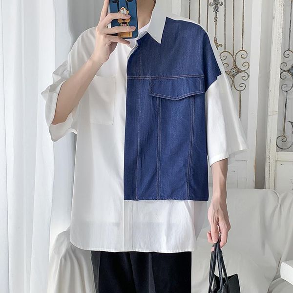 men's casual shirts summer short-sleeved shirt fashion denim stitching oversize men streetwear korean loose dress mens, White;black
men's casual shirts summer short-sleeved shirt fashion denim stitching oversize men streetwear korean loose dress mens, White;black