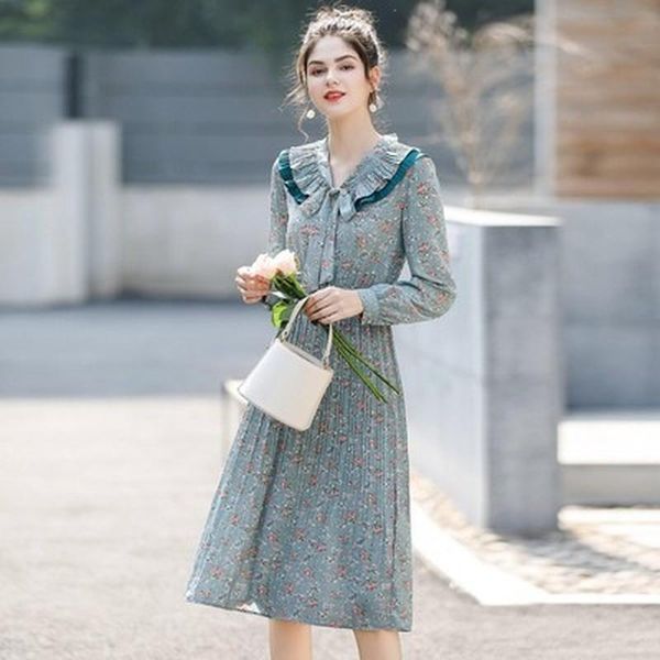 casual dresses 2021 summer women's french style niche floral chiffon dress ladies retro knee-length women boho long, Black;gray