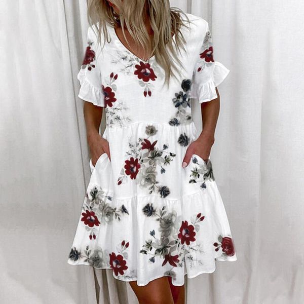 women's swimwear casual ruffle loose v neck dress women summer short sleeve floral print woman plus size 2021 fashion white beach dress, White;black
women's swimwear casual ruffle loose v neck dress women summer short sleeve floral print woman plus size 2021 fashion white beach dress, White;black