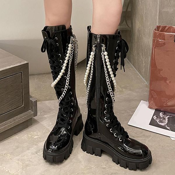 boots rimocy fashion women's pearl chain knee high autumn winter patent leather motorcycle woman thick bottom female, Black
boots rimocy fashion women's pearl chain knee high autumn winter patent leather motorcycle woman thick bottom female, Black