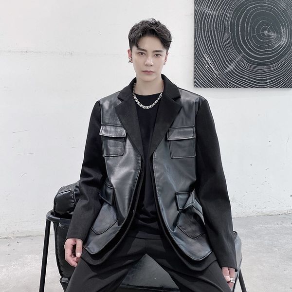 men's suits & blazers men woolen leather splice thicken casual suit jacket overcoat male streetwear vintage fashion wool coat outerwear, White;black
