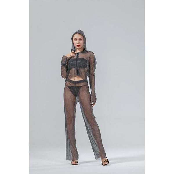 women's two piece pants trendy wild glitter rhinestone see through women set long sleeve hooded zipper jacket hollow out elastic pant, White
women's two piece pants trendy wild glitter rhinestone see through women set long sleeve hooded zipper jacket hollow out elastic pant, White