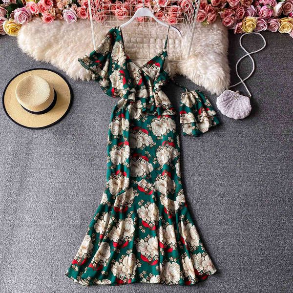 two piece dress summer sling v-neck one shoulder strapless floral chiffon dress female trumpet sleeve bag hip fishtail beach es kd, White 
two piece dress summer sling v-neck one shoulder strapless floral chiffon dress female trumpet sleeve bag hip fishtail beach es kd, White