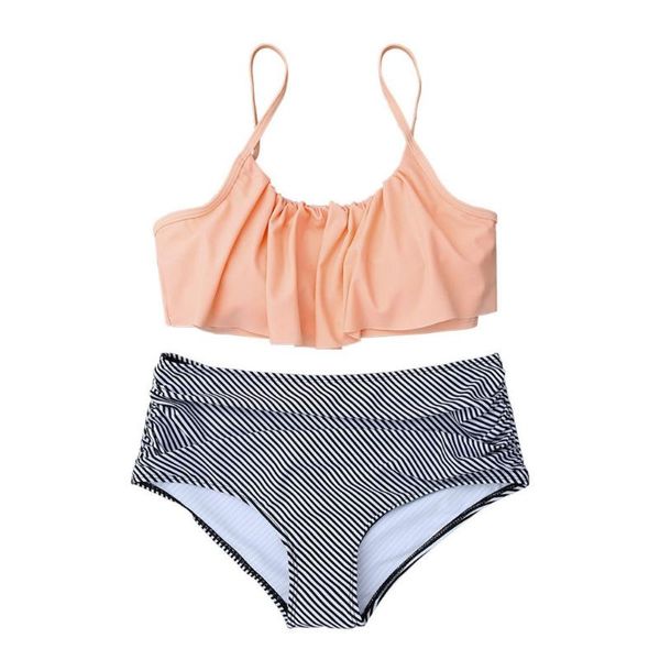 split bikini swimwear beach swimsuit women stripe ruffle set high waist summer swimming suit women's, White;black
split bikini swimwear beach swimsuit women stripe ruffle set high waist summer swimming suit women's, White;black