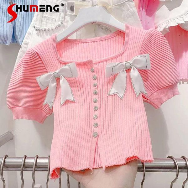 women's knits & tees 2021 summer retro buckle bow puff short sleeve ladies knitwear sweet fashion single breasted solid women sweater, White
women's knits & tees 2021 summer retro buckle bow puff short sleeve ladies knitwear sweet fashion single breasted solid women sweater, White